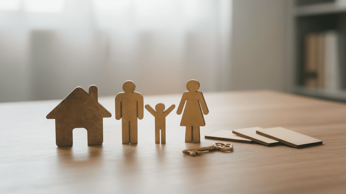 Maison et famille en bois avec des clés